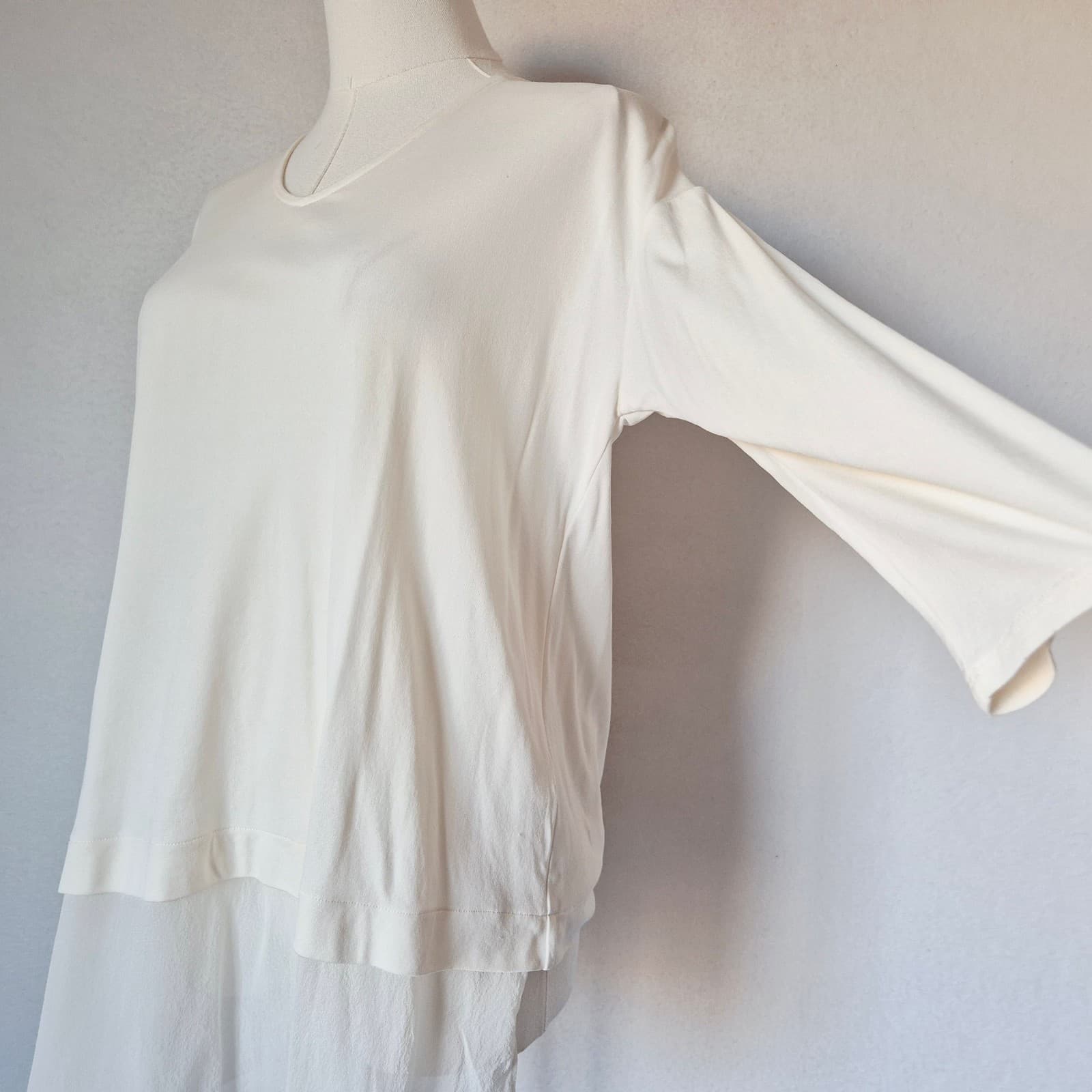 EILEEN FISHER 100% Silk Jersey Ivory Overlay Tunic Top V-Neck 3/4 Sleeve Sz.XXS - Thumbnail 5
