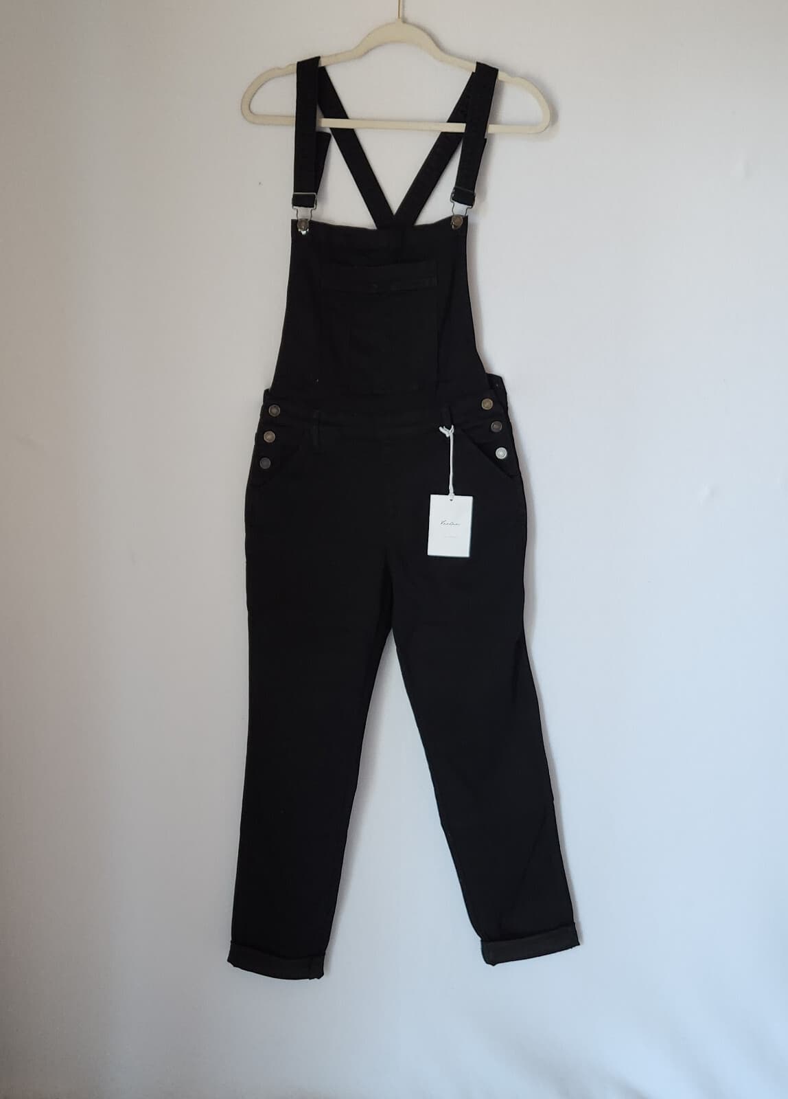NWT Kancan Mid-Rise Stretch Cuffed Overalls Slim Leg Black Denim Women's L - Thumbnail 2