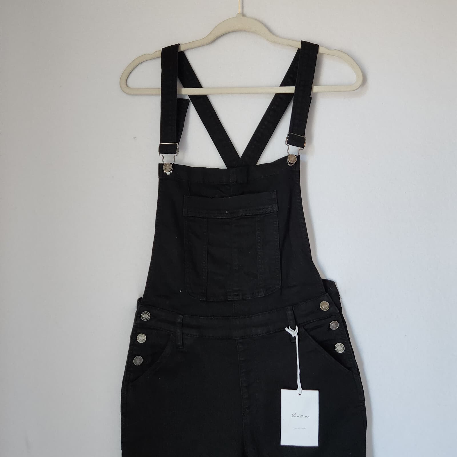 NWT Kancan Mid-Rise Stretch Cuffed Overalls Slim Leg Black Denim Women's L - Thumbnail 4