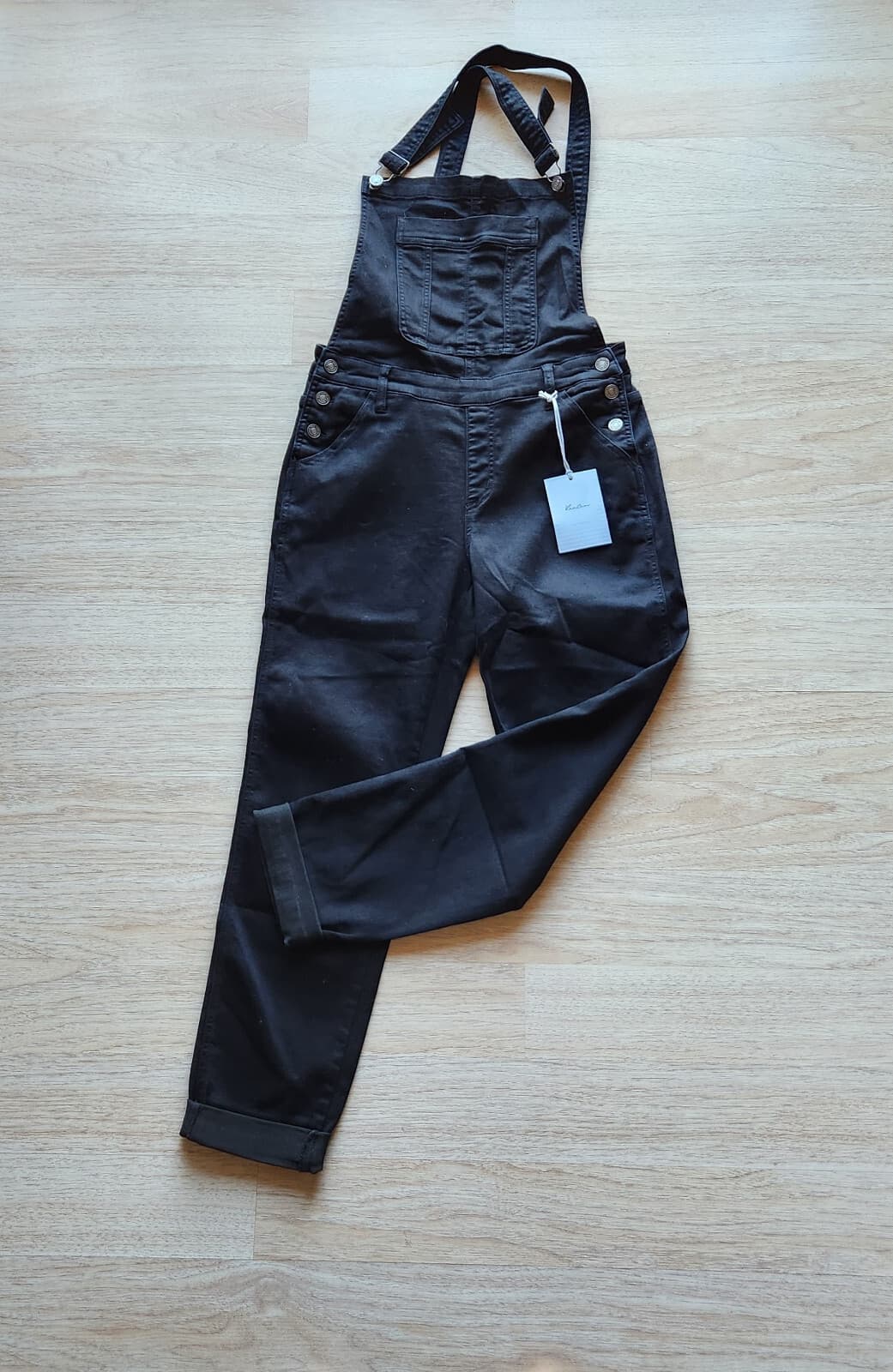 NWT Kancan Mid-Rise Stretch Cuffed Overalls Slim Leg Black Denim Women's L - Thumbnail 7