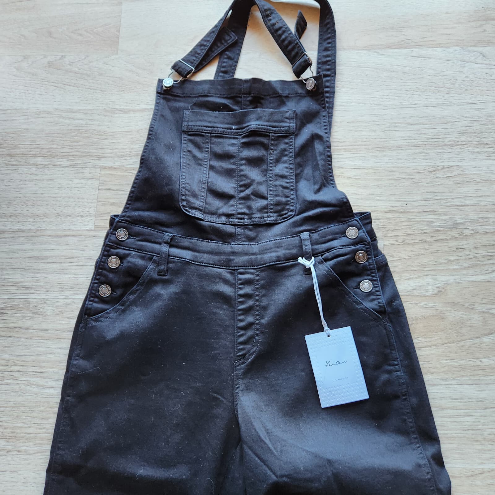 NWT Kancan Mid-Rise Stretch Cuffed Overalls Slim Leg Black Denim Women's L - Thumbnail 9