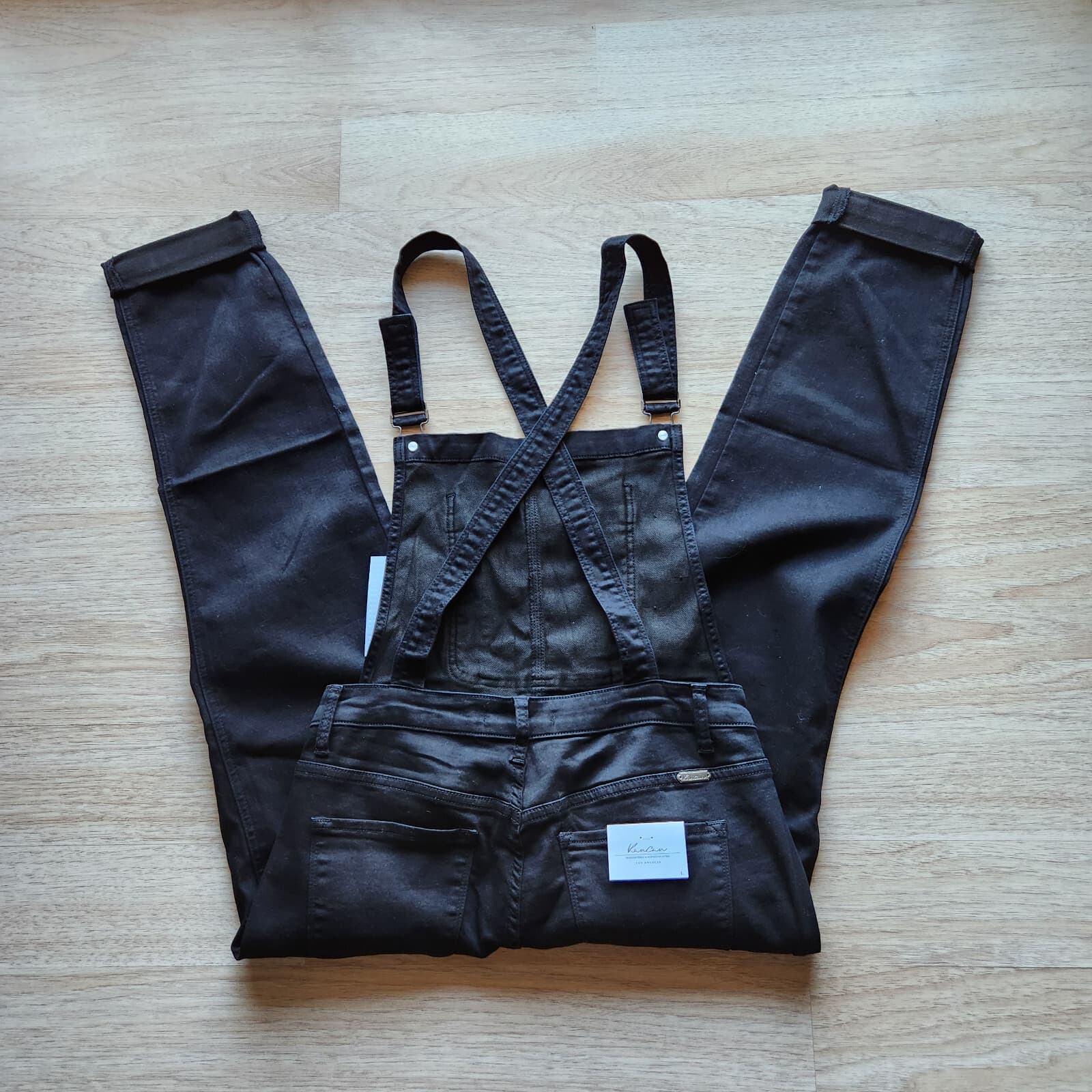 NWT Kancan Mid-Rise Stretch Cuffed Overalls Slim Leg Black Denim Women's L - Thumbnail 10