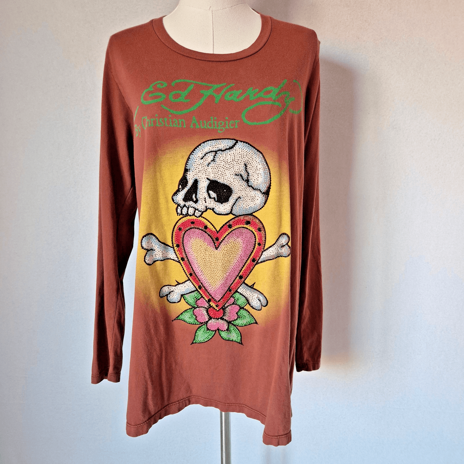 Ed Hardy Christian Audigier Skull Hearth Jeweled T-Shirt Long Sleeve Brown Sz.1X - Thumbnail 2