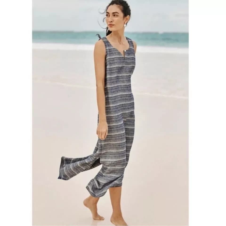 NWT Pure Jill Linen Tunic Shift Dress Key-Hole Sleeveless Pocket Sapphire L $129 - Thumbnail 2