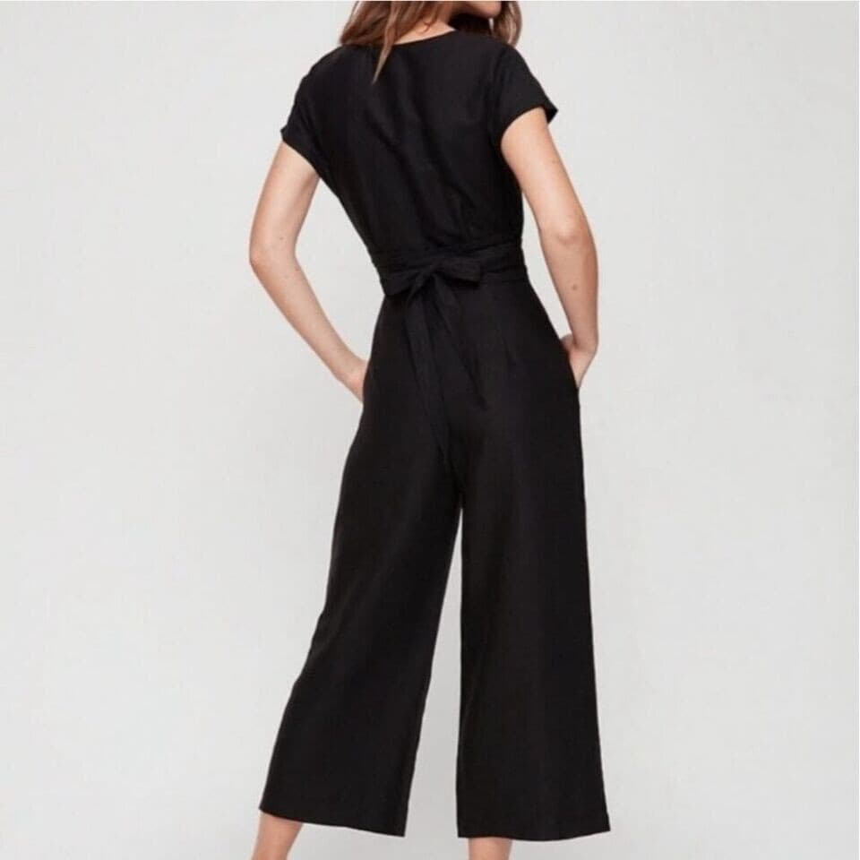 Aritzia Wilfred Brax Linen Blend Wrap Jumpsuit Wide Leg Pocket Black Sz.4 - Thumbnail 4