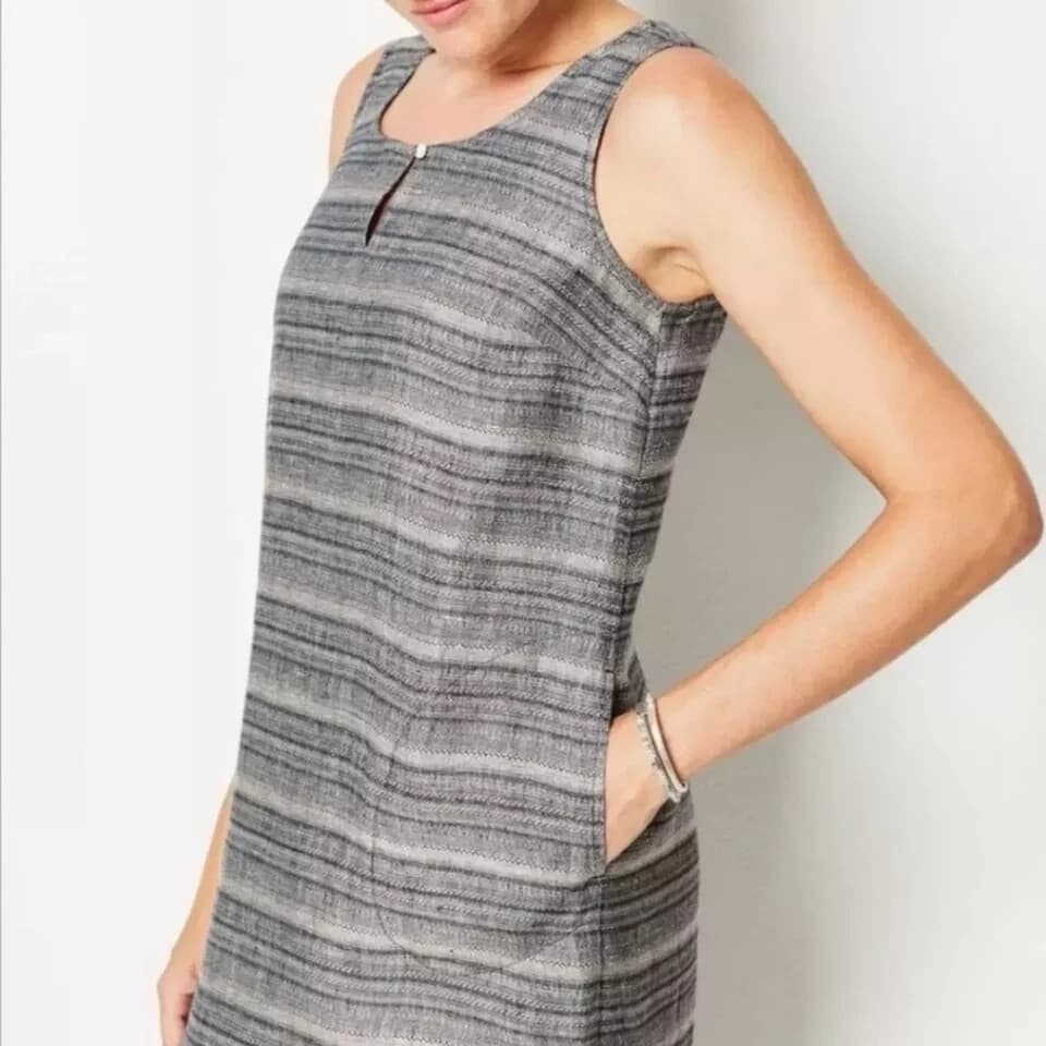 NWT Pure Jill Linen Tunic Shift Dress Key-Hole Sleeveless Pocket Sapphire L $129 - Thumbnail 4