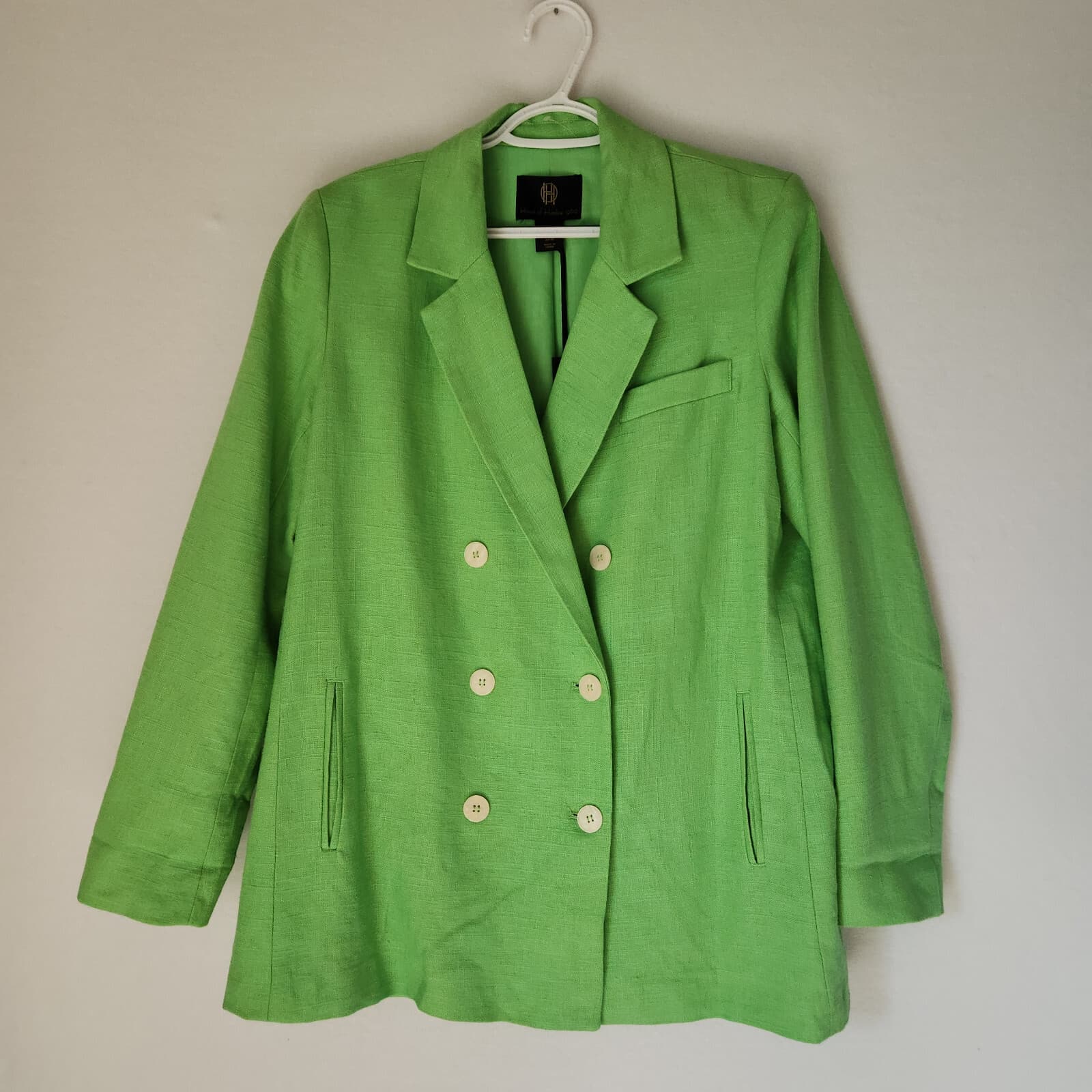 NWT House of Harlow 1960 Linen Blend Belted Double Breasted Blazer Green Sz.M - Thumbnail 5