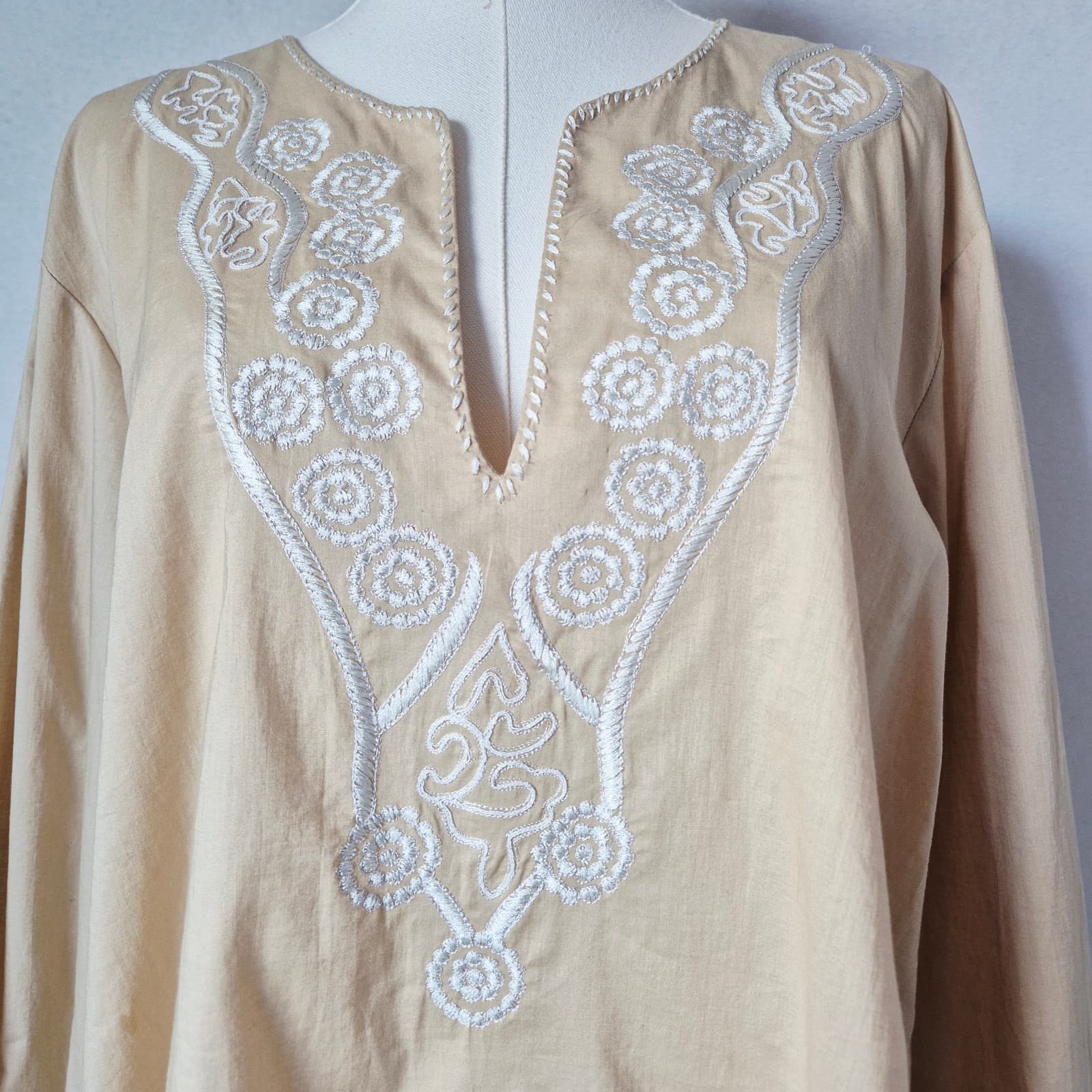 NATORI Cotton Embroidered Poplin Long Tunic Top Long Sleeve Beige Women's L - Thumbnail 4