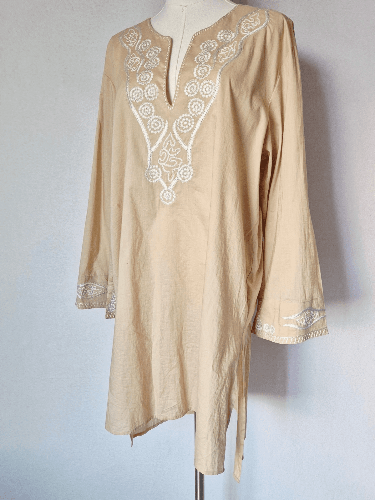 NATORI Cotton Embroidered Poplin Long Tunic Top Long Sleeve Beige Women's L - Thumbnail 3