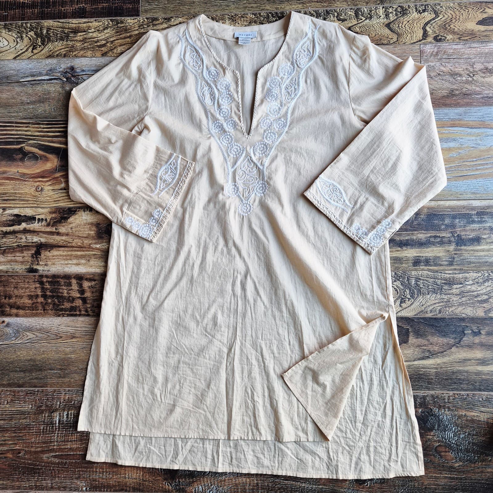 NATORI Cotton Embroidered Poplin Long Tunic Top Long Sleeve Beige Women's L - Thumbnail 7