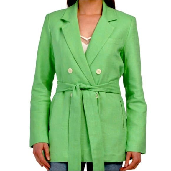 NWT House of Harlow 1960 Linen Blend Belted Double Breasted Blazer Green Sz.M - Thumbnail 2