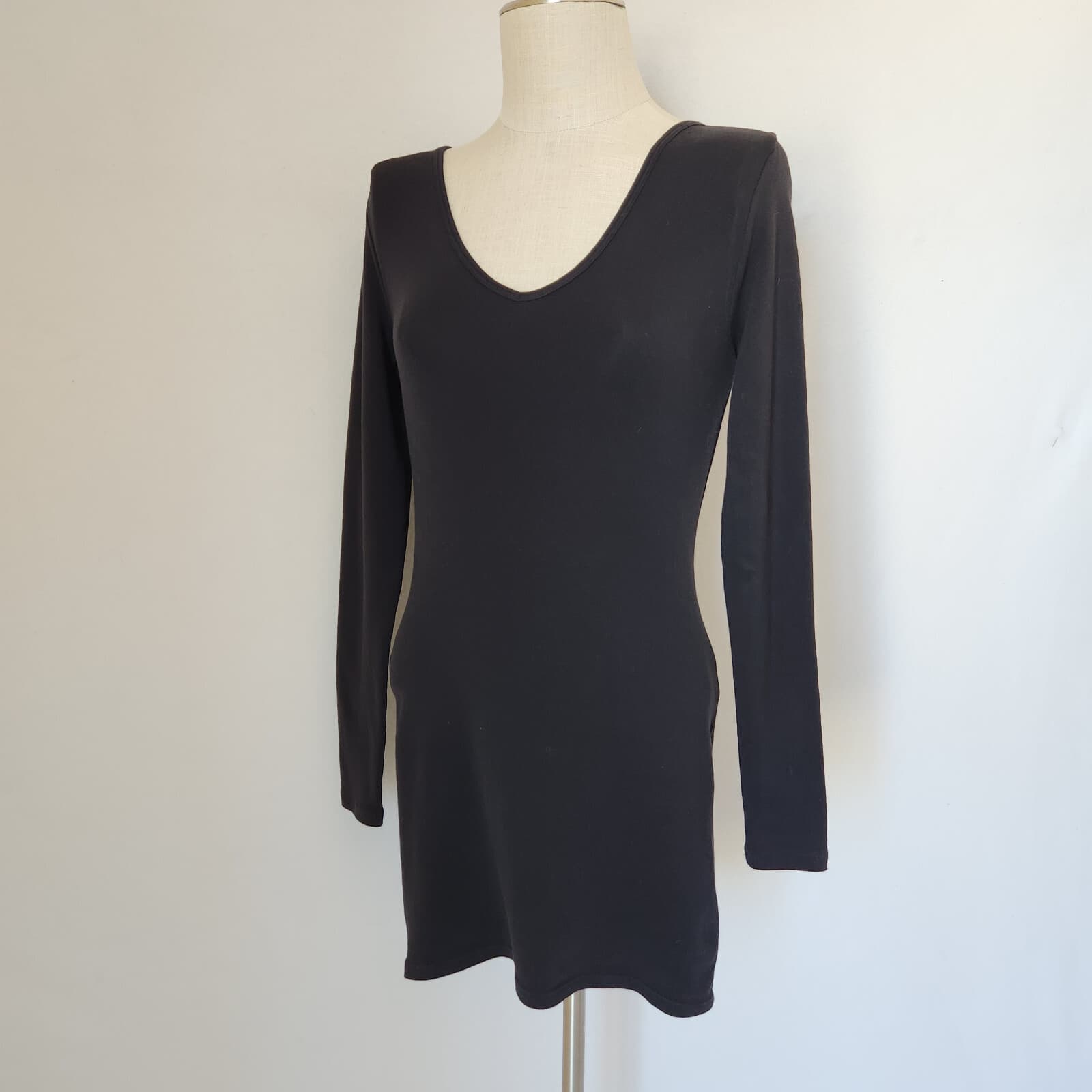 Peruvian Connection Mini Bodycon Dress V-Neck Long Sleeve Pima Cotton Black Sz.S