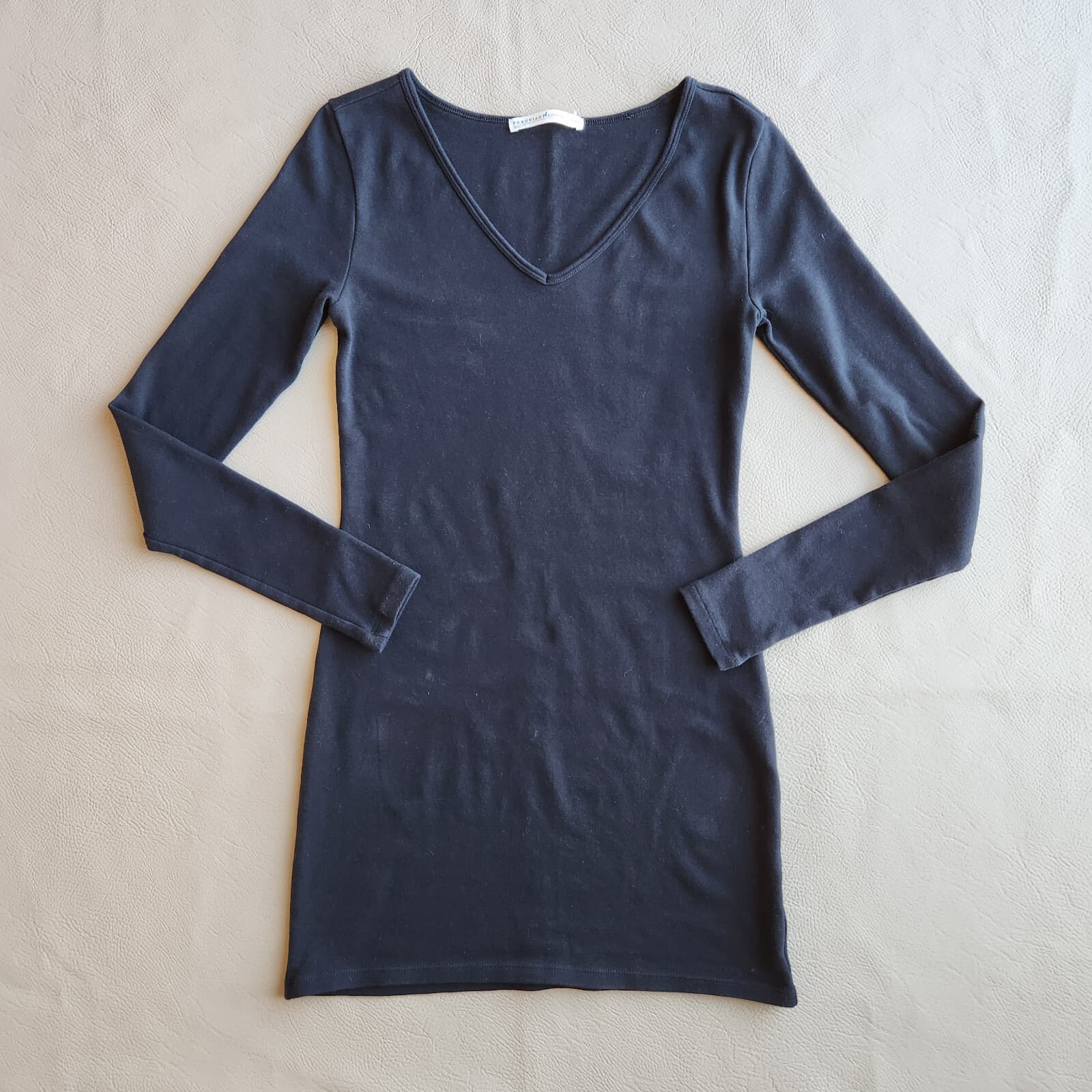 Peruvian Connection Mini Bodycon Dress V-Neck Long Sleeve Pima Cotton Black Sz.S - Thumbnail 2