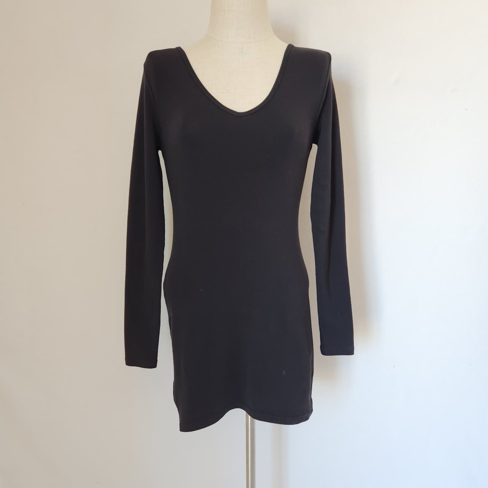Peruvian Connection Mini Bodycon Dress V-Neck Long Sleeve Pima Cotton Black Sz.S - Thumbnail 3