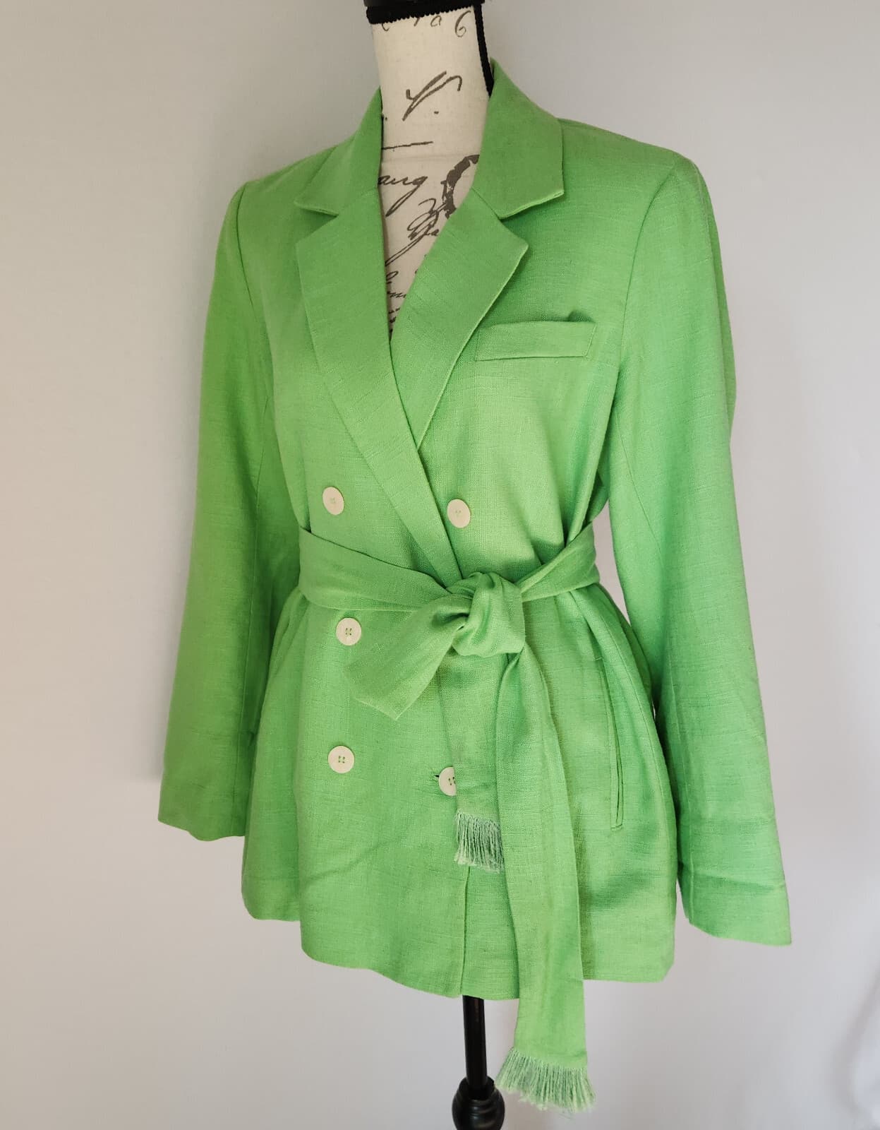 NWT House of Harlow 1960 Linen Blend Belted Double Breasted Blazer Green Sz.M - Thumbnail 4