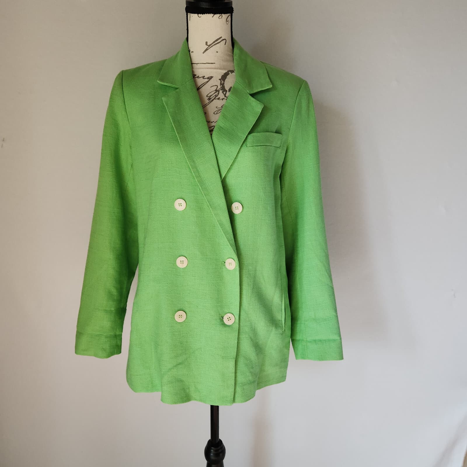 NWT House of Harlow 1960 Linen Blend Belted Double Breasted Blazer Green Sz.M - Thumbnail 3