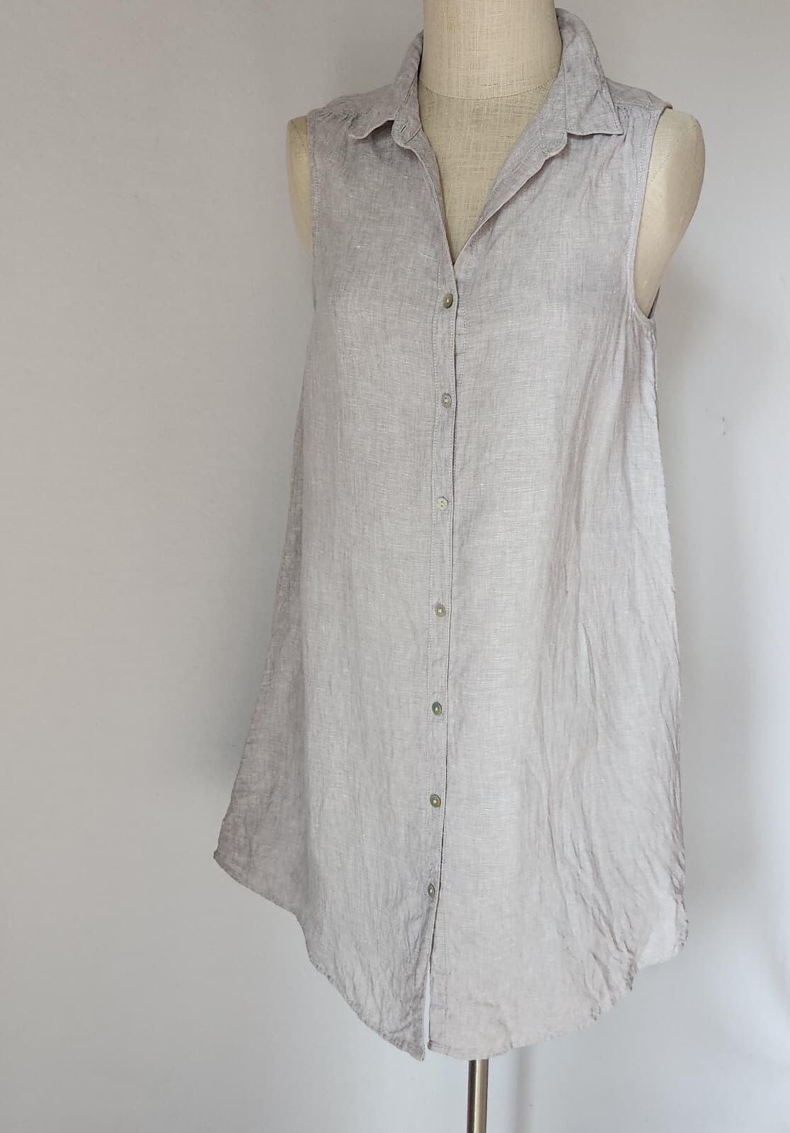 H by Halston 100% Linen Mini Shirt Dress Pearl-Button Sleeveless Beige Sz.M - Thumbnail 2