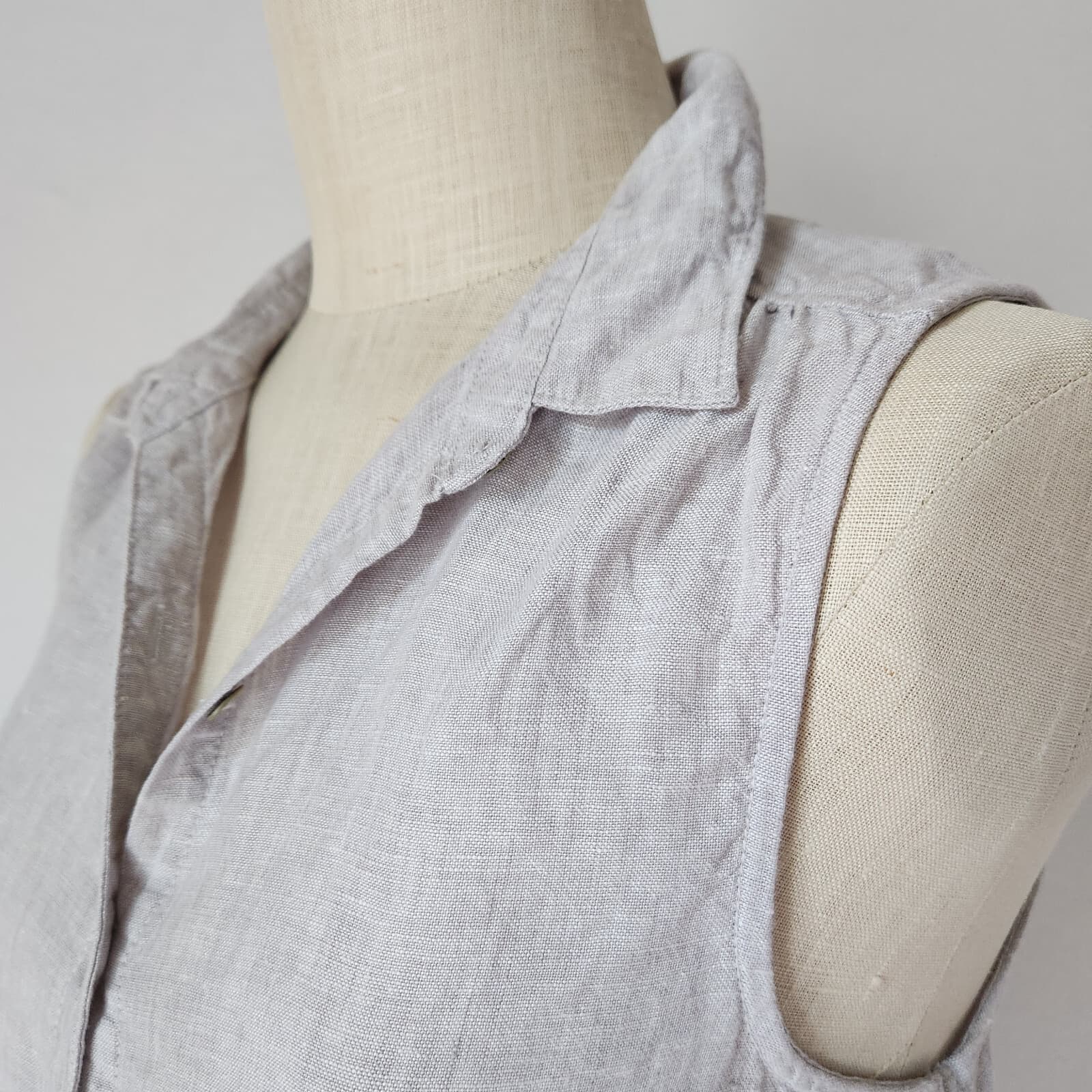 H by Halston 100% Linen Mini Shirt Dress Pearl-Button Sleeveless Beige Sz.M - Thumbnail 3