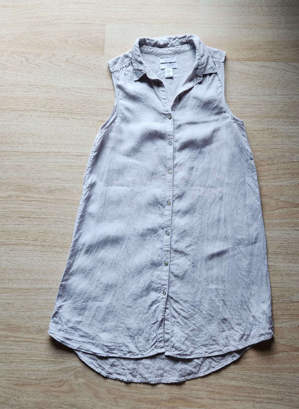 H by Halston 100% Linen Mini Shirt Dress Pearl-Button Sleeveless Beige Sz.M - Thumbnail 5