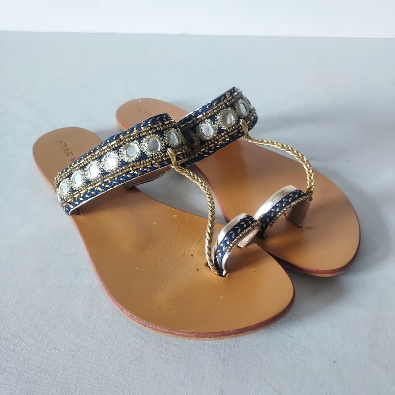 STAR MELA Bead Embellished Flat Sandals Leather Gold Blue Women Sz.M Insole 10" - Thumbnail 2