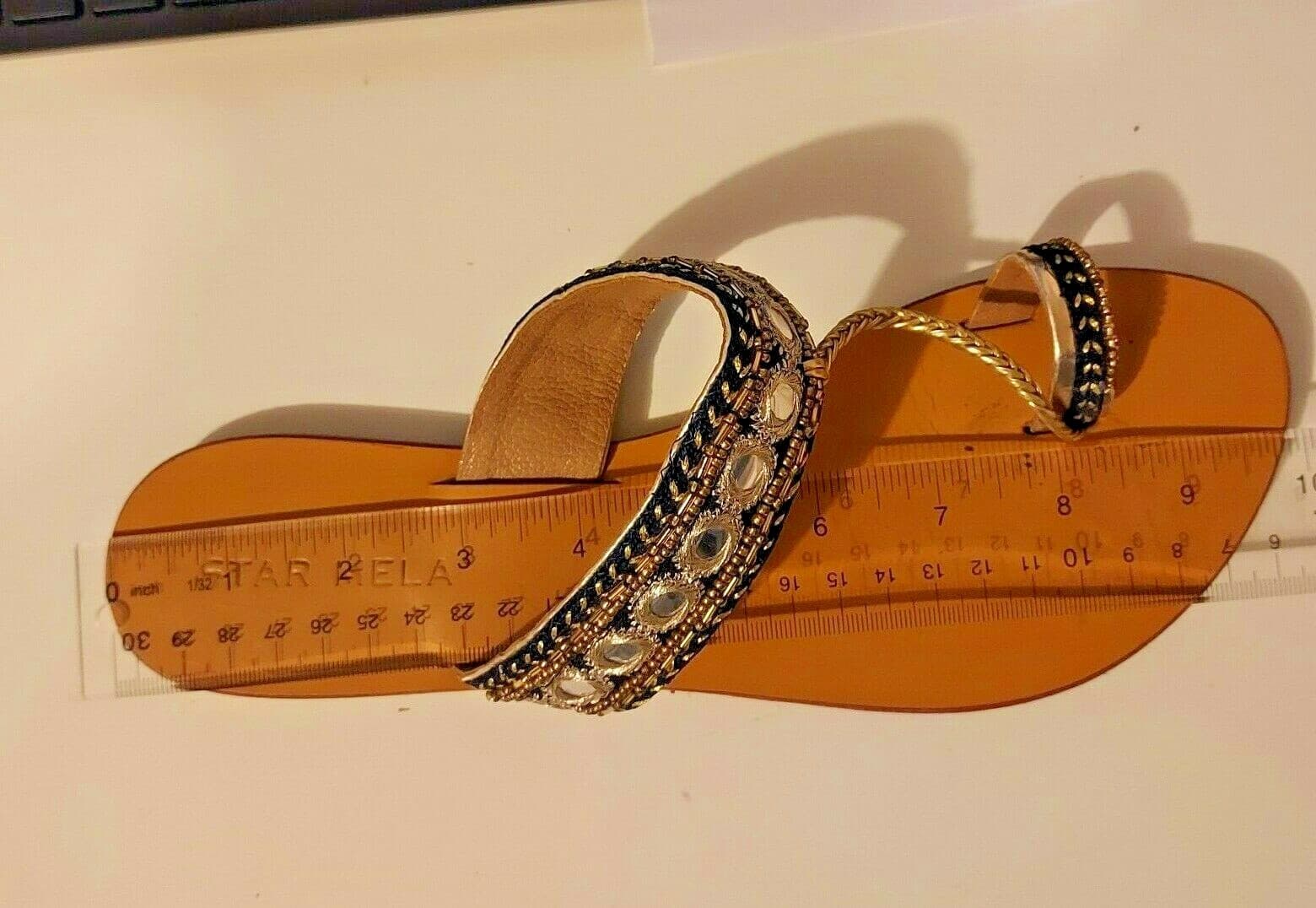 STAR MELA Bead Embellished Flat Sandals Leather Gold Blue Women Sz.M Insole 10" - Thumbnail 8
