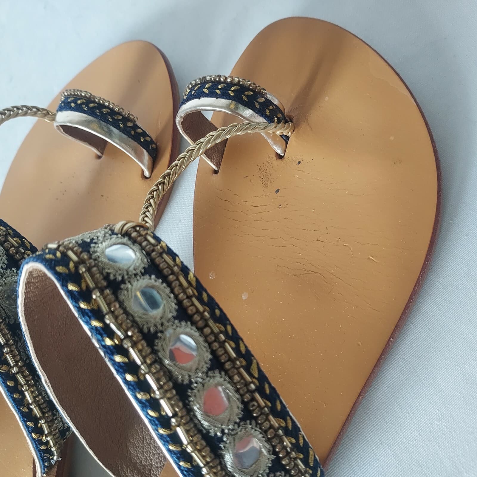 STAR MELA Bead Embellished Flat Sandals Leather Gold Blue Women Sz.M Insole 10" - Thumbnail 6