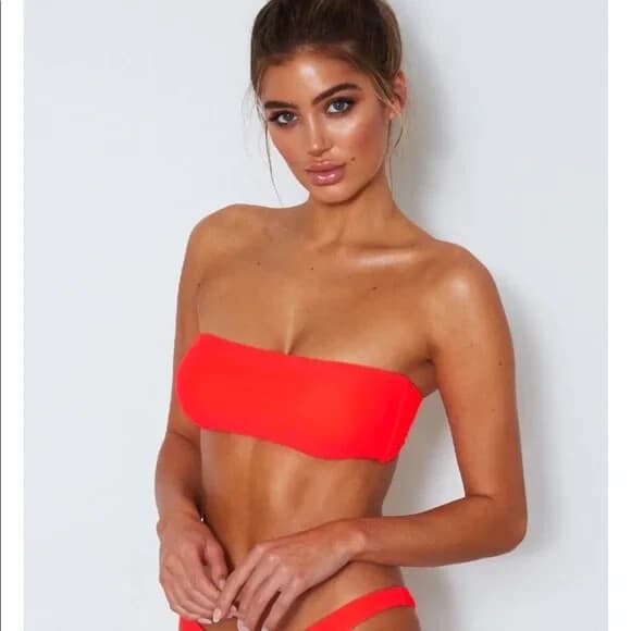 NWT White Fox Swim 2 Piece Kiki Bikini Top Kali Bottom Bandeau Thong Coral M/L - Thumbnail 7