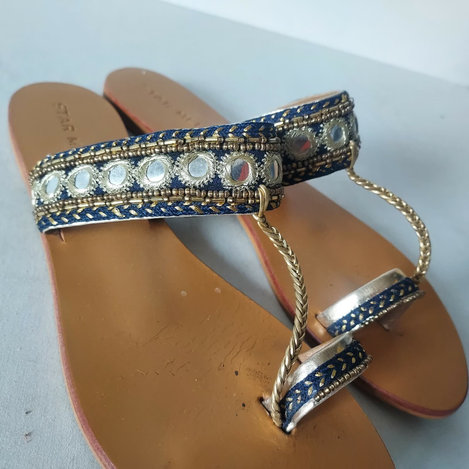 STAR MELA Bead Embellished Flat Sandals Leather Gold Blue Women Sz.M Insole 10" - Thumbnail 5