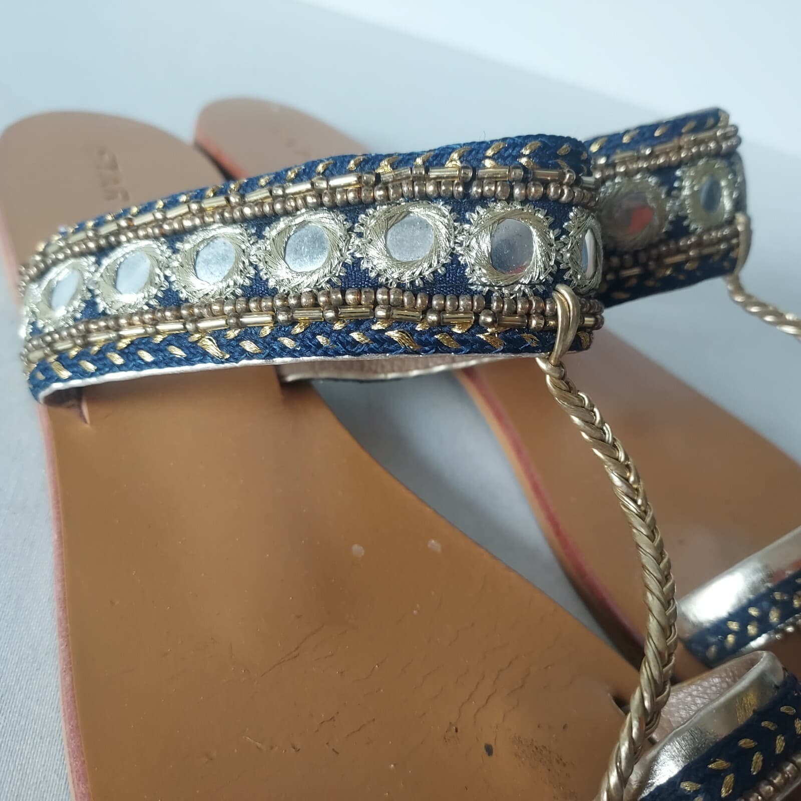 STAR MELA Bead Embellished Flat Sandals Leather Gold Blue Women Sz.M Insole 10" - Thumbnail 4