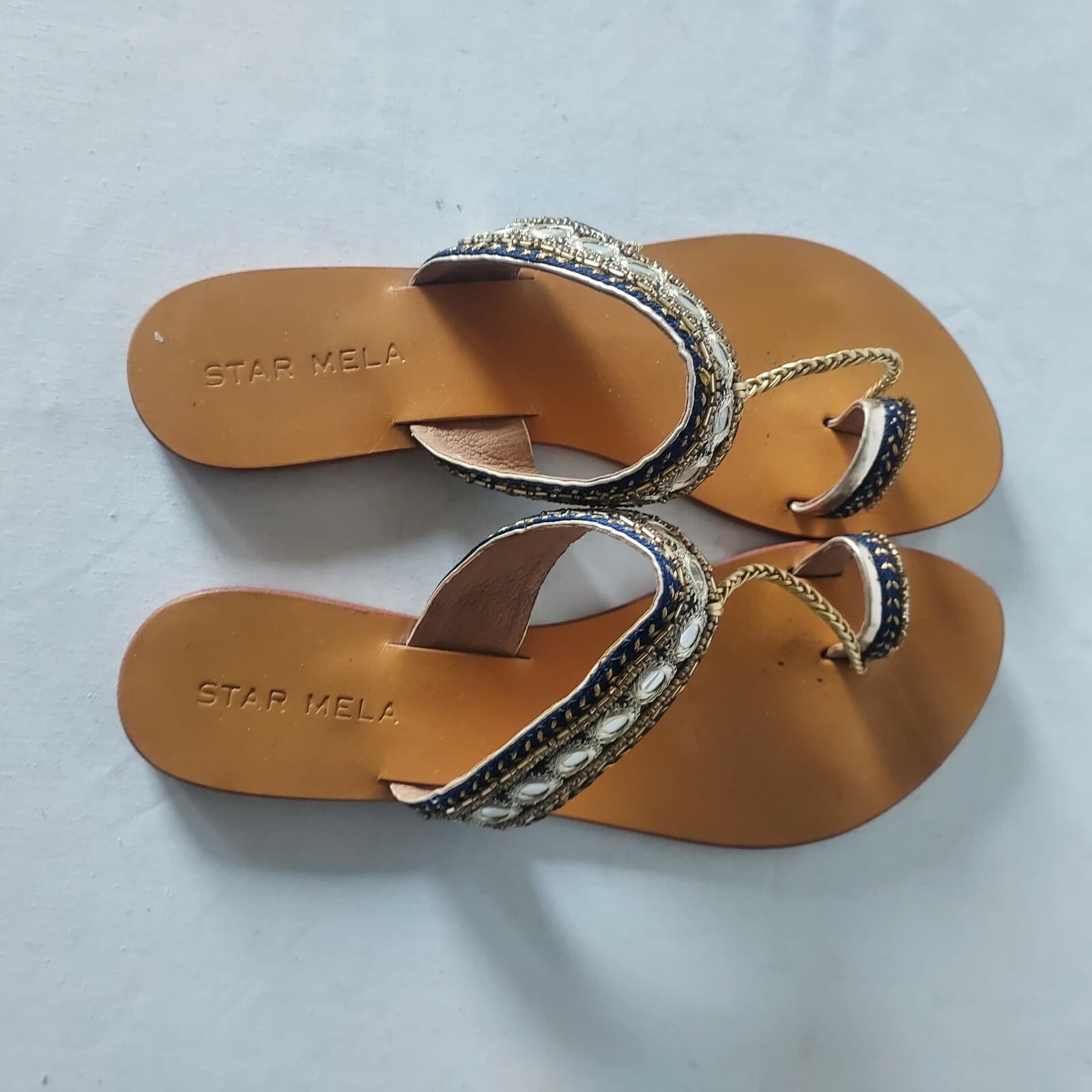 STAR MELA Bead Embellished Flat Sandals Leather Gold Blue Women Sz.M Insole 10" - Thumbnail 3