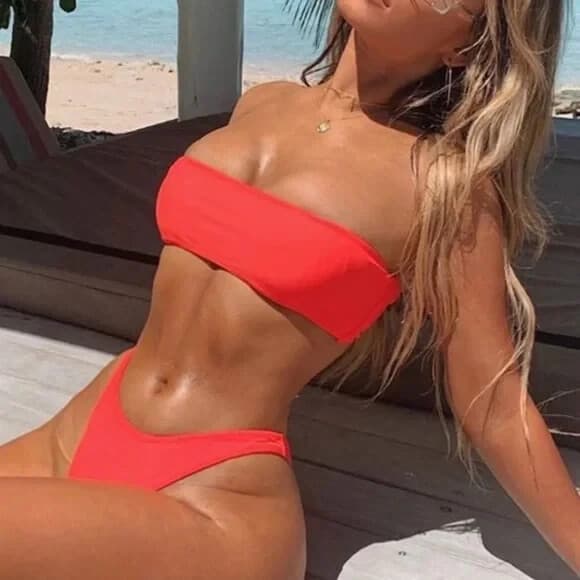 NWT White Fox Swim 2 Piece Kiki Bikini Top Kali Bottom Bandeau Thong Coral M/L - Thumbnail 2