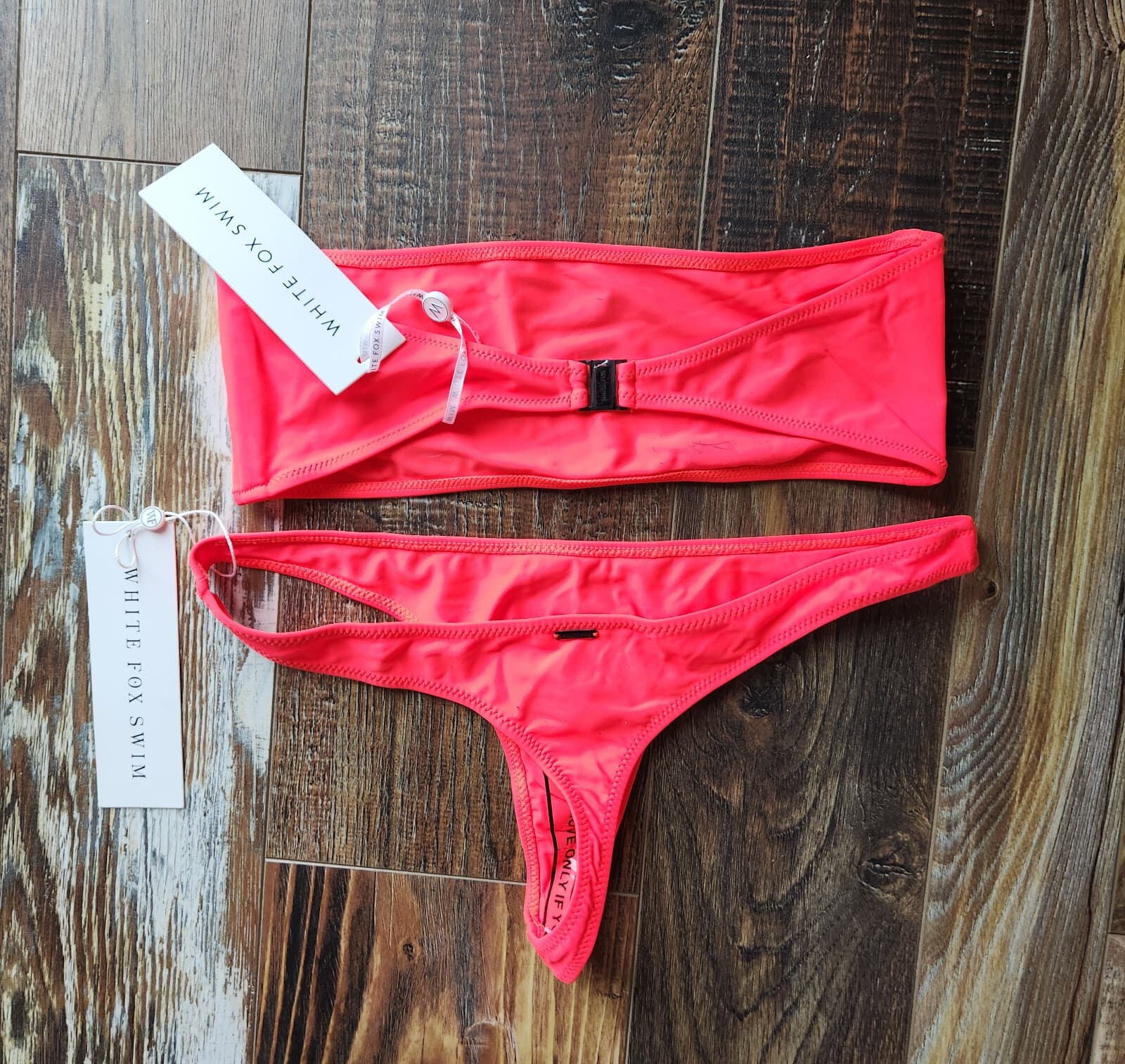 NWT White Fox Swim 2 Piece Kiki Bikini Top Kali Bottom Bandeau Thong Coral M/L - Thumbnail 5