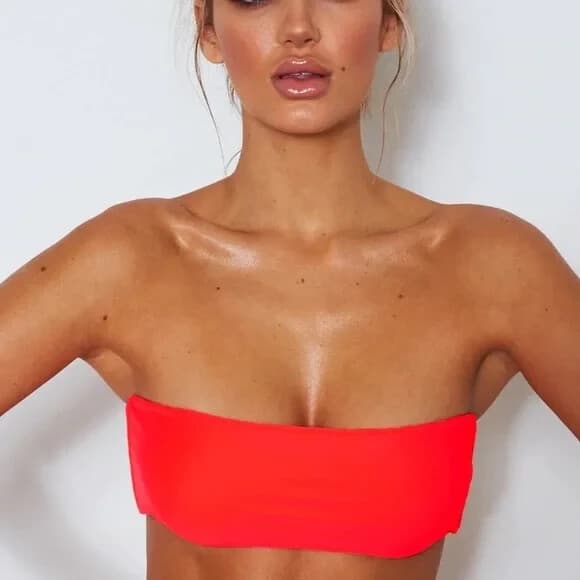 NWT White Fox Swim 2 Piece Kiki Bikini Top Kali Bottom Bandeau Thong Coral M/L - Thumbnail 6