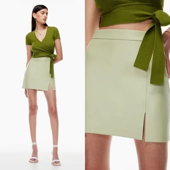Aritzia Wilfred Patio Vegan Faux Leather Mini Pencil Skirt Front Slit Green Sz.4 - Thumbnail 2