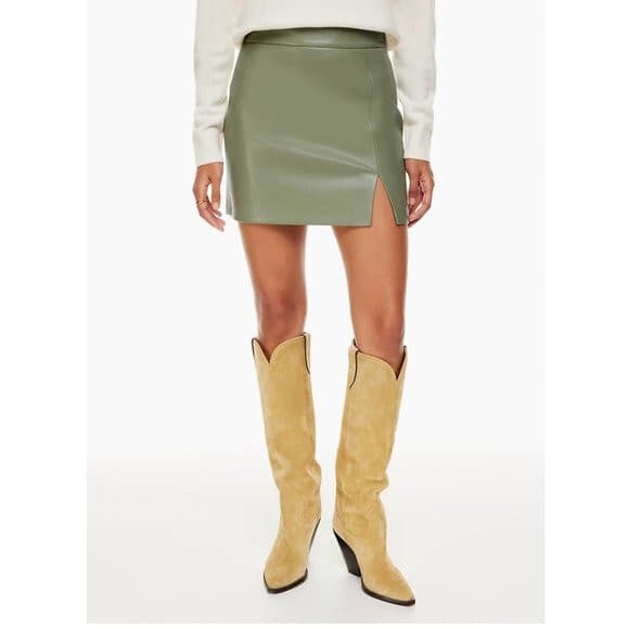 Aritzia Wilfred Patio Vegan Faux Leather Mini Pencil Skirt Front Slit Green Sz.4 - Thumbnail 4