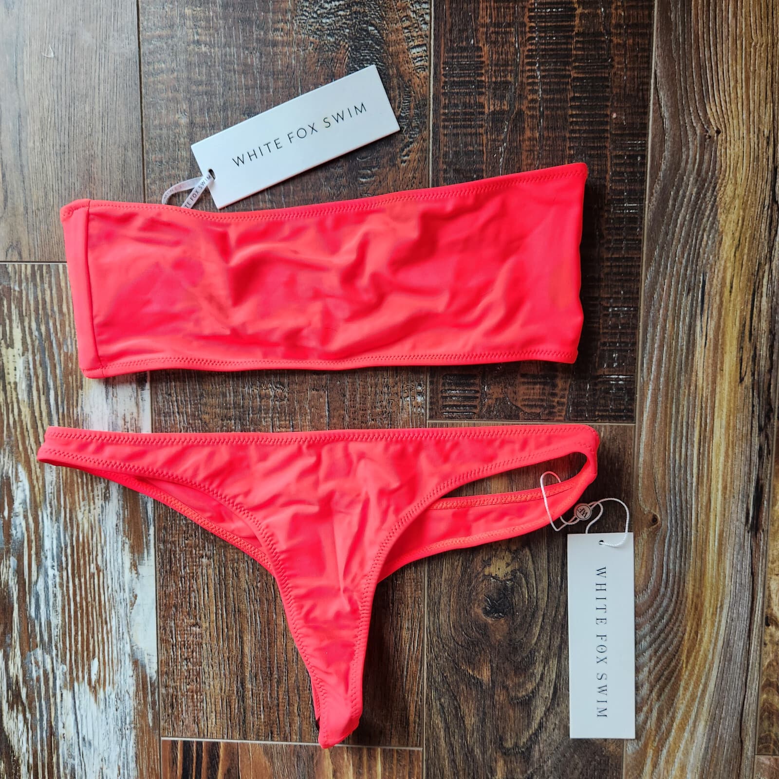 NWT White Fox Swim 2 Piece Kiki Bikini Top Kali Bottom Bandeau Thong Coral M/L - Thumbnail 3