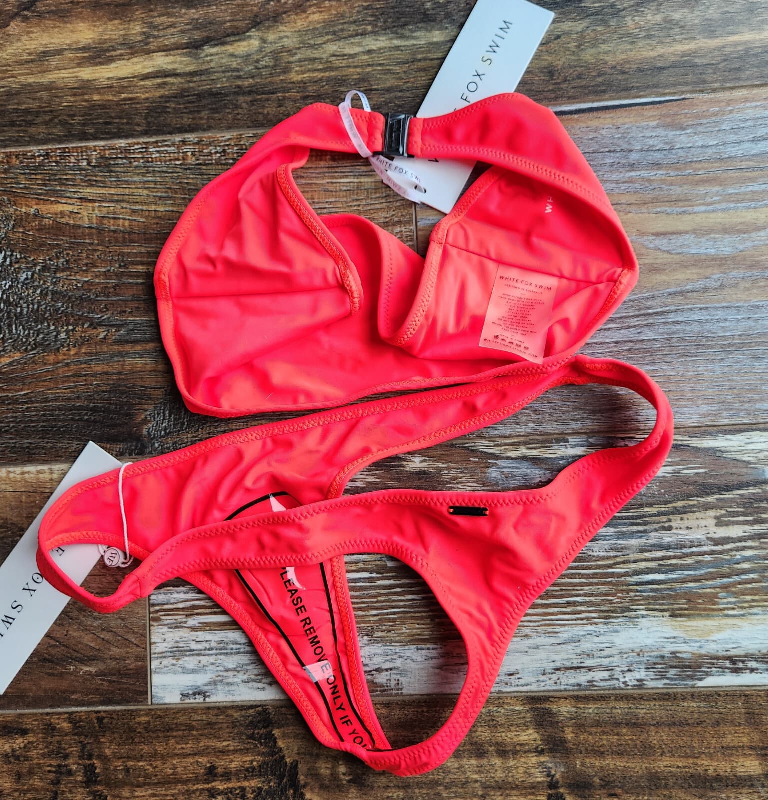 NWT White Fox Swim 2 Piece Kiki Bikini Top Kali Bottom Bandeau Thong Coral M/L - Thumbnail 10