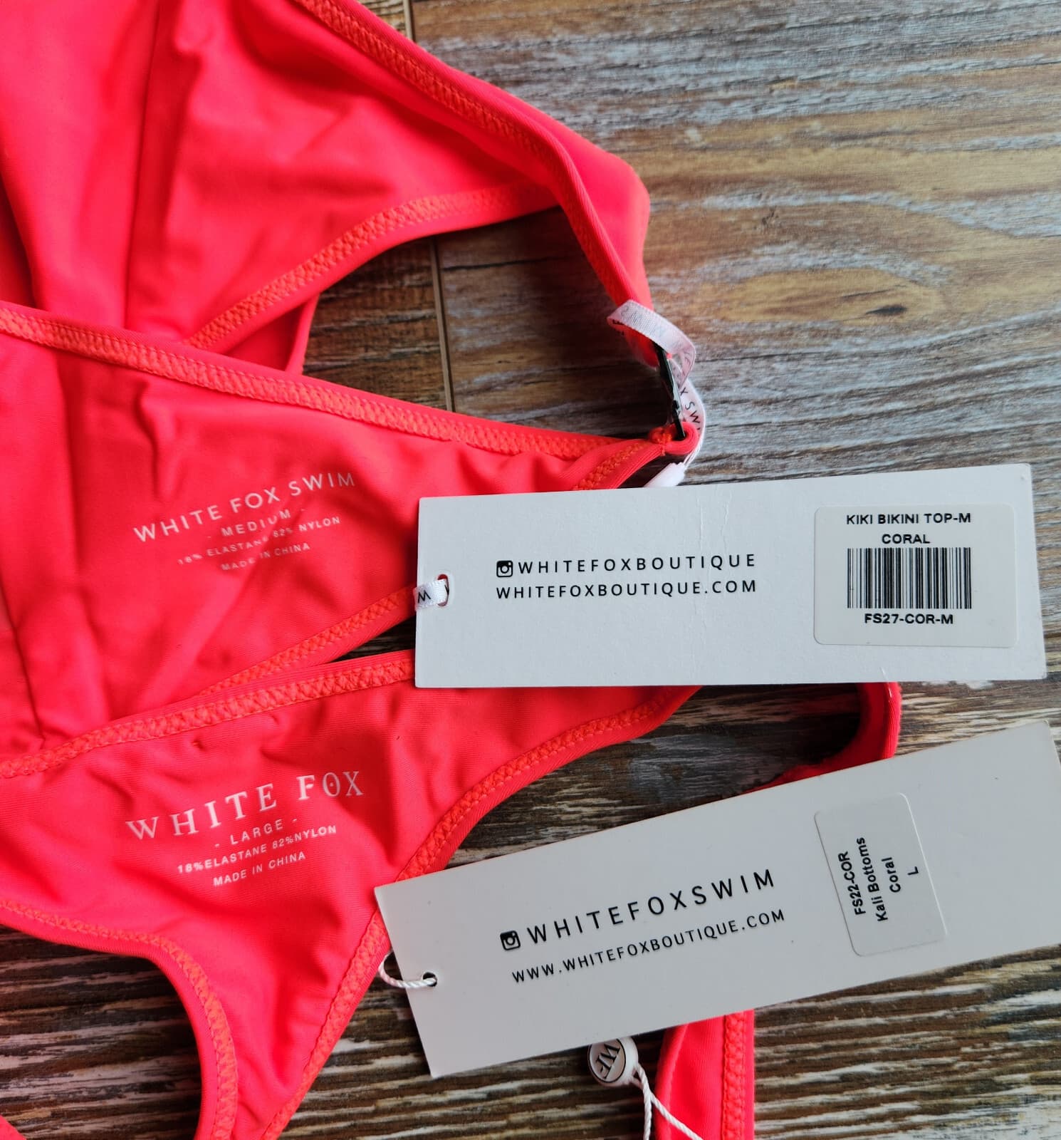 NWT White Fox Swim 2 Piece Kiki Bikini Top Kali Bottom Bandeau Thong Coral M/L - Thumbnail 12