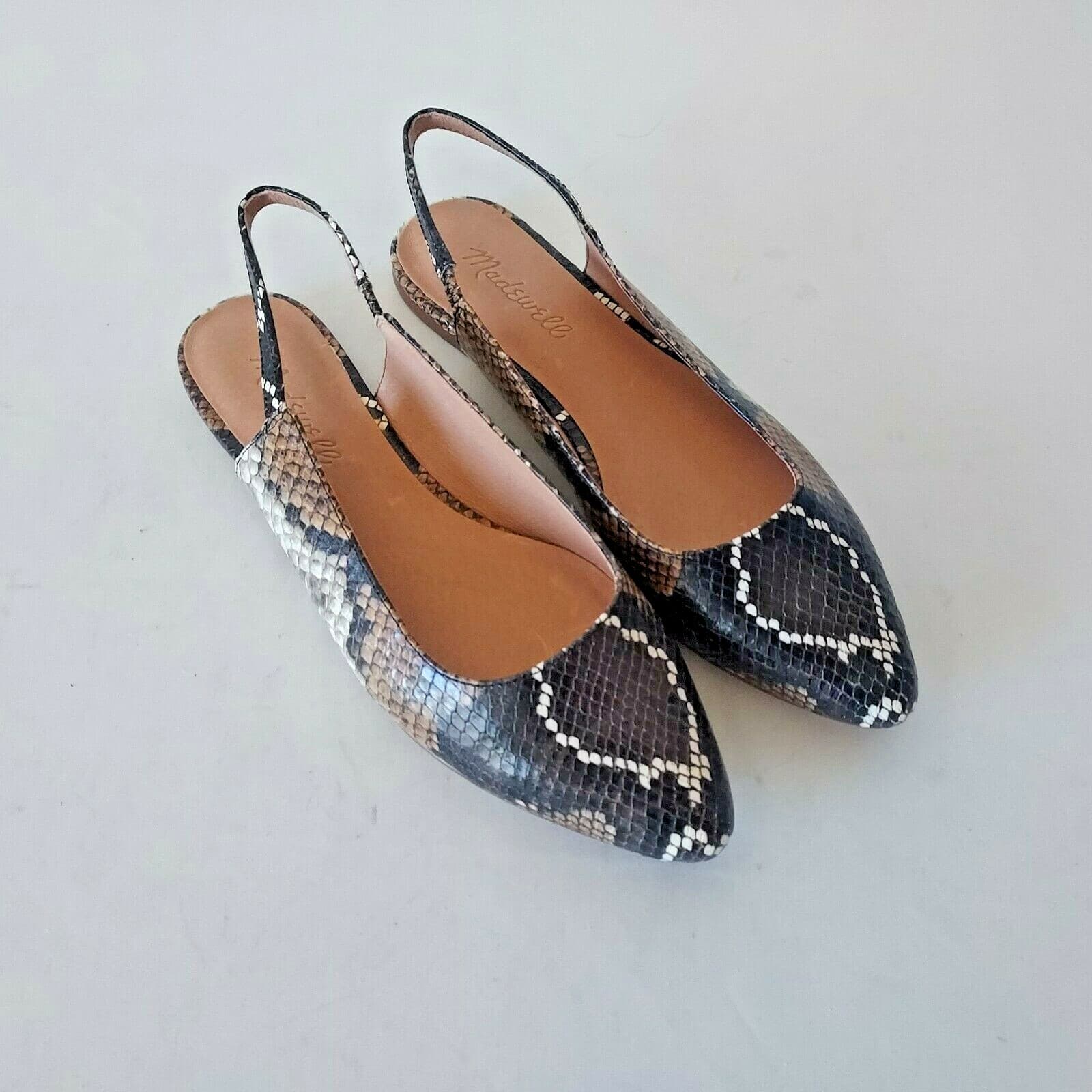 NWoB Madewell Margo Snakeskin Embossed Leather Slingback Flats Mule Black US6.5 - Thumbnail 3