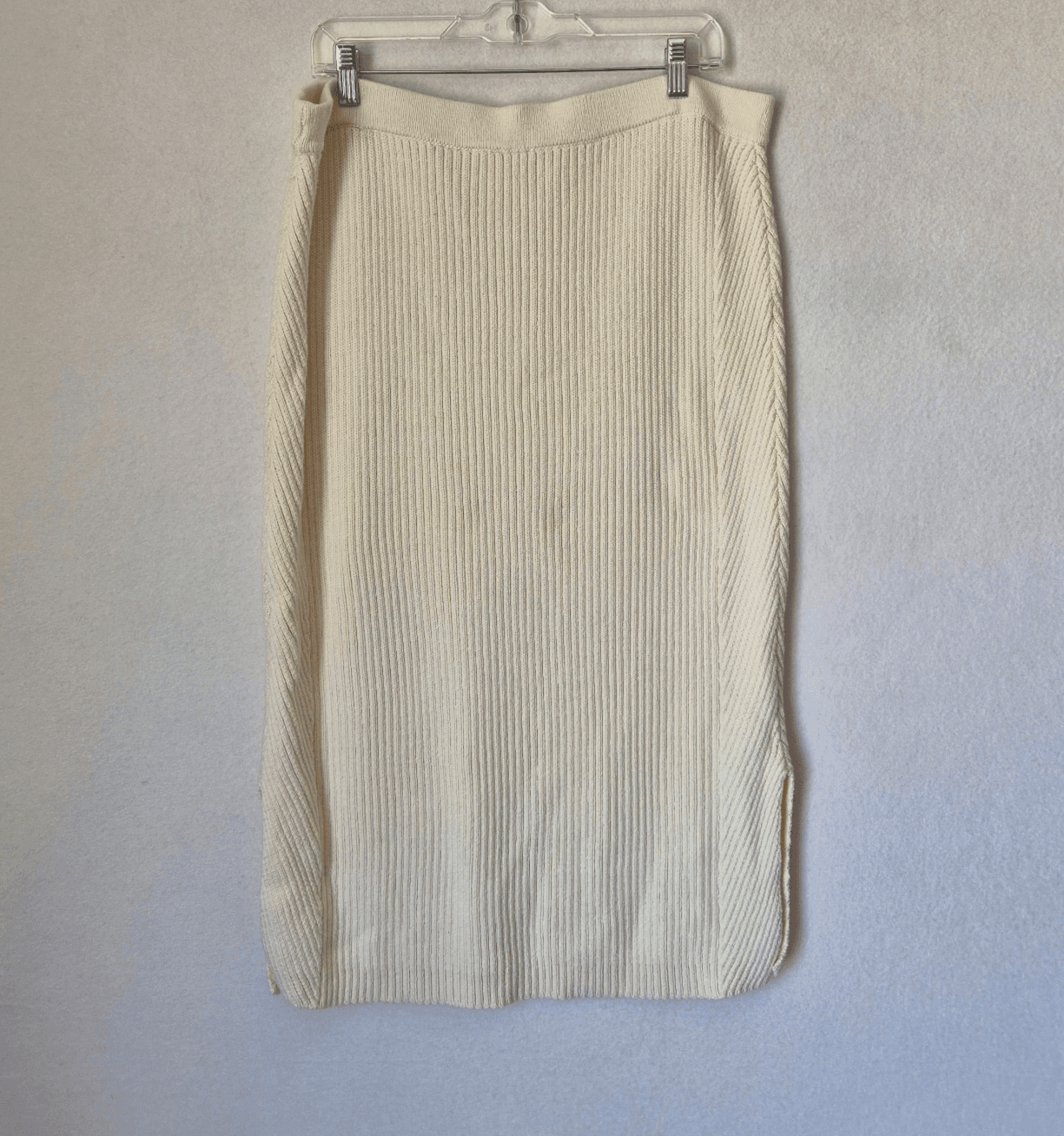 Haven Well Within Cotton Ribbed Knit Midi Pencil Skirt Side-Slit Beige Womens XL - Thumbnail 3