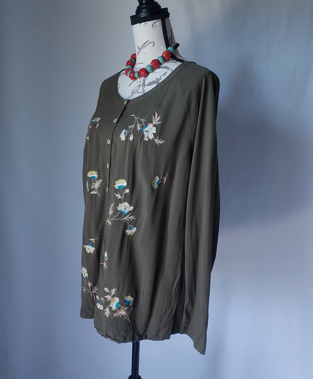 J.Jill Floral Embroidered Woven Front Shirt Top Long Sleeve Button Green Women L - Thumbnail 3