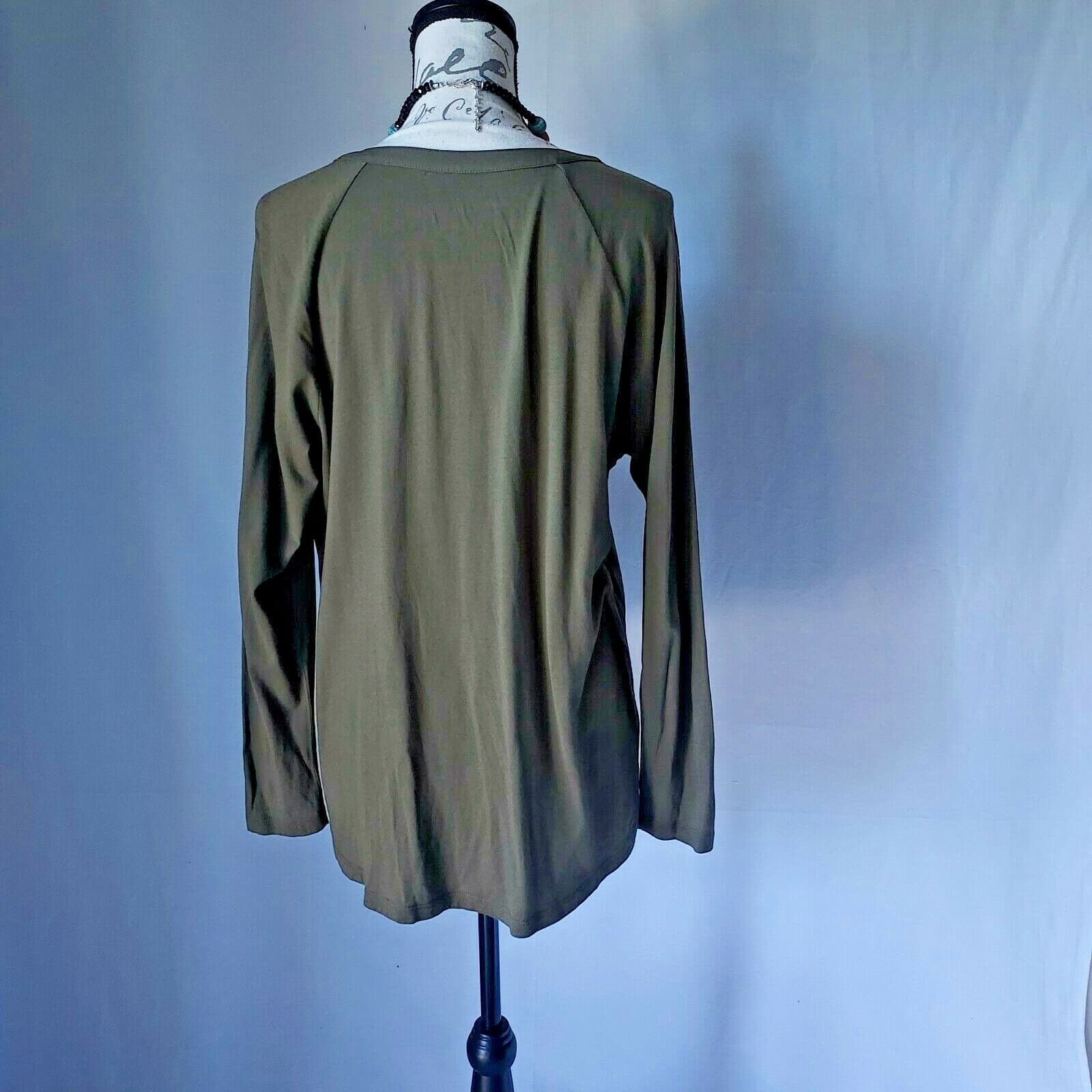 J.Jill Floral Embroidered Woven Front Shirt Top Long Sleeve Button Green Women L - Thumbnail 4