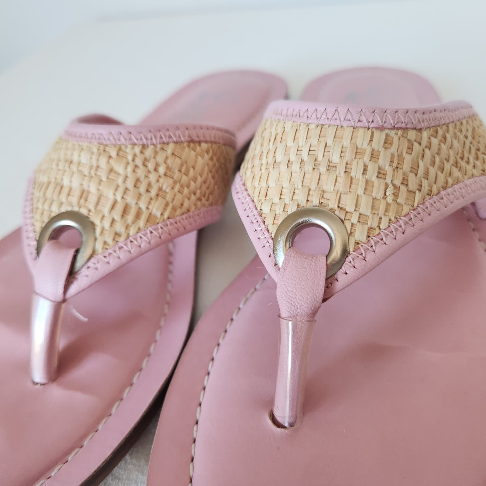 Lilly Pulitzer Benny Flat Thong Sandals Napa Raffia Pink Natural Women 8M Blazil - Thumbnail 4
