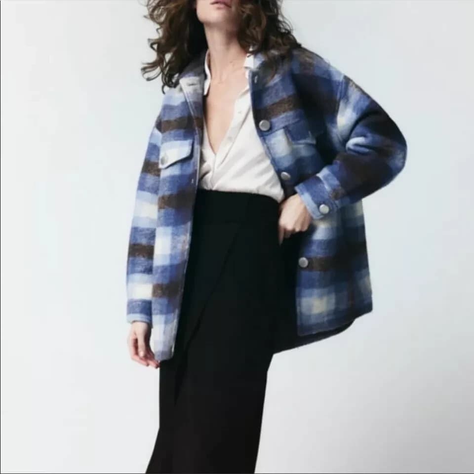 Zara Premium Wool Blend Plaid Shirt Jacket Shacket Overshirt Blue Oversize-Small - Thumbnail 5