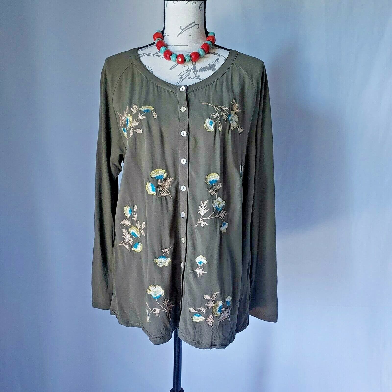 J.Jill Floral Embroidered Woven Front Shirt Top Long Sleeve Button Green Women L