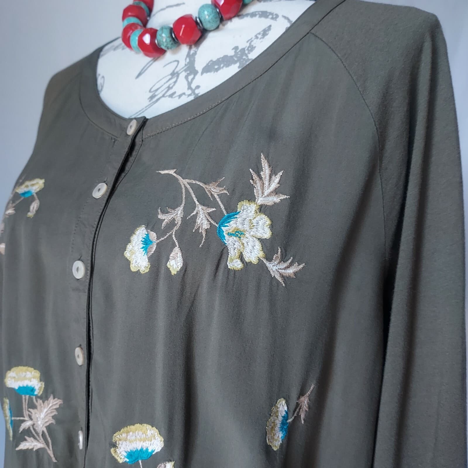 J.Jill Floral Embroidered Woven Front Shirt Top Long Sleeve Button Green Women L - Thumbnail 2