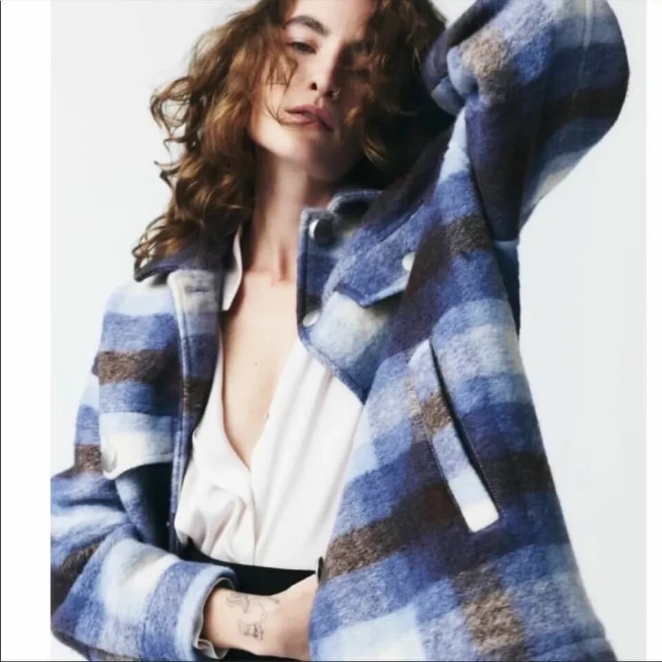 Zara Premium Wool Blend Plaid Shirt Jacket Shacket Overshirt Blue Oversize-Small - Thumbnail 3