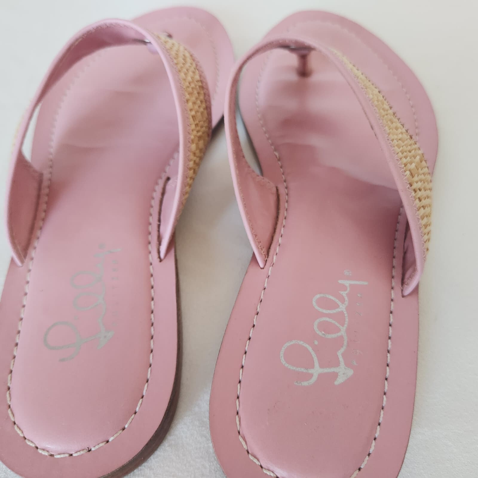 Lilly Pulitzer Benny Flat Thong Sandals Napa Raffia Pink Natural Women 8M Blazil - Thumbnail 7