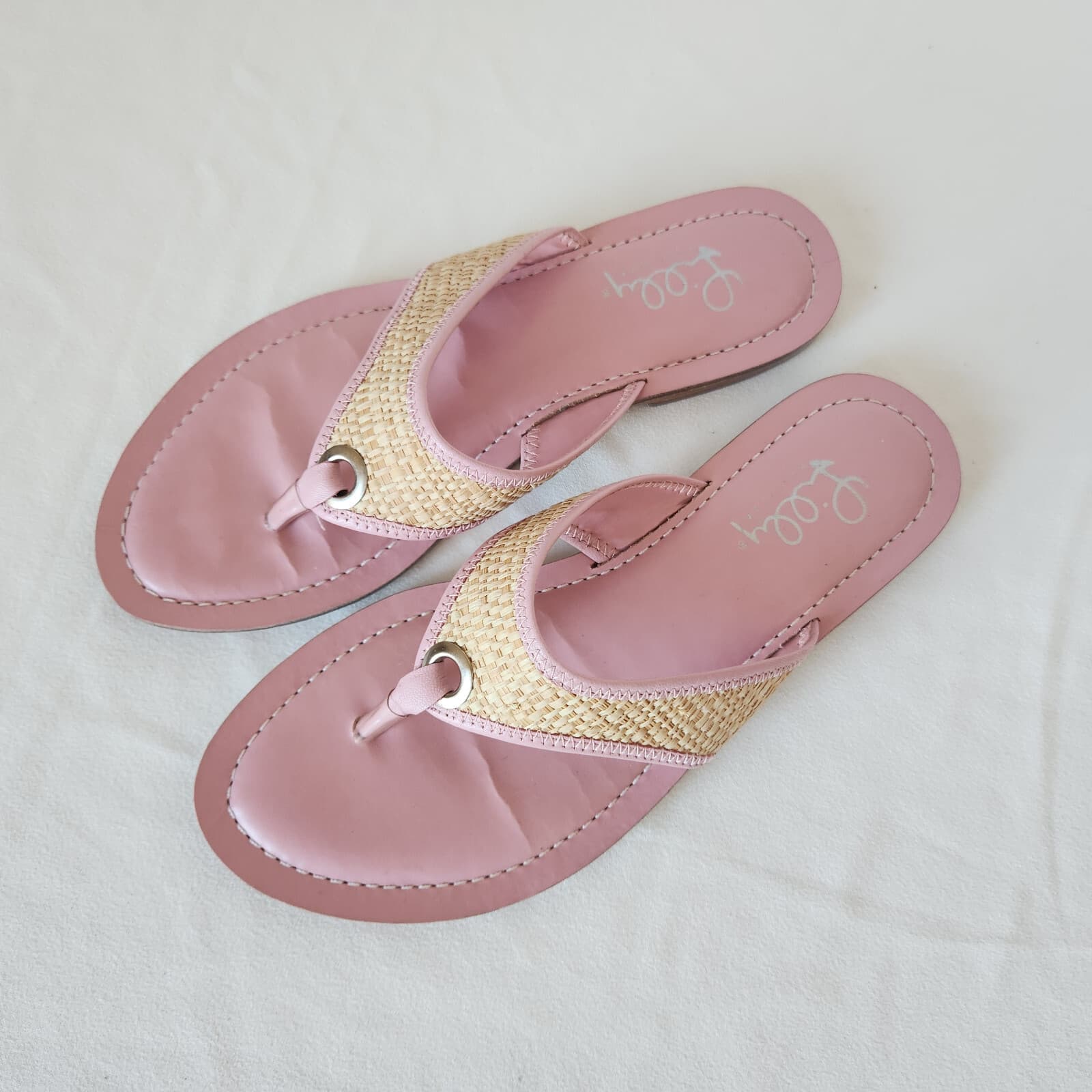 Lilly Pulitzer Benny Flat Thong Sandals Napa Raffia Pink Natural Women 8M Blazil - Thumbnail 2