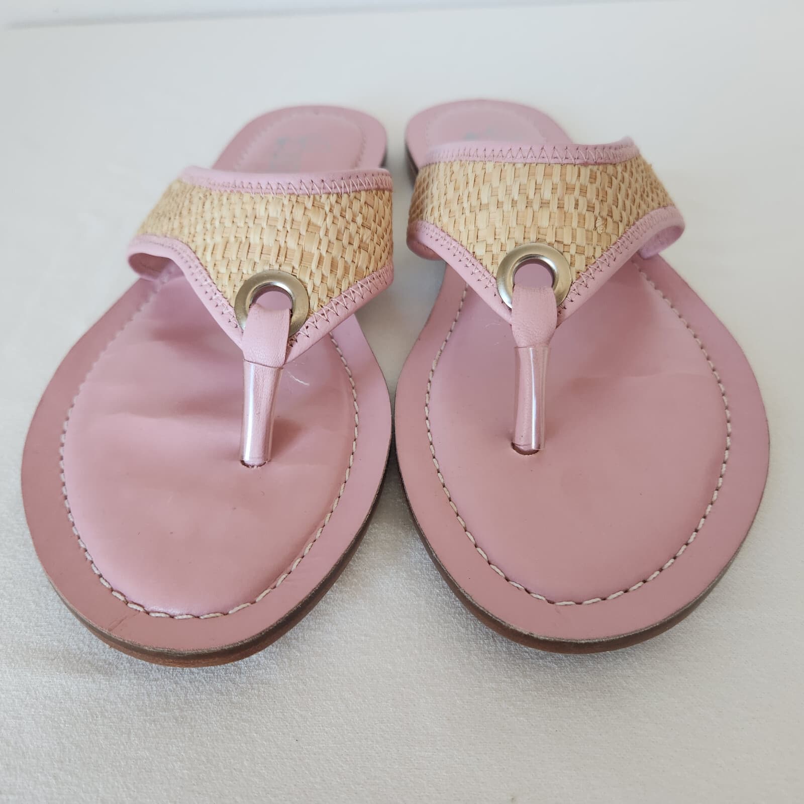 Lilly Pulitzer Benny Flat Thong Sandals Napa Raffia Pink Natural Women 8M Blazil - Thumbnail 3